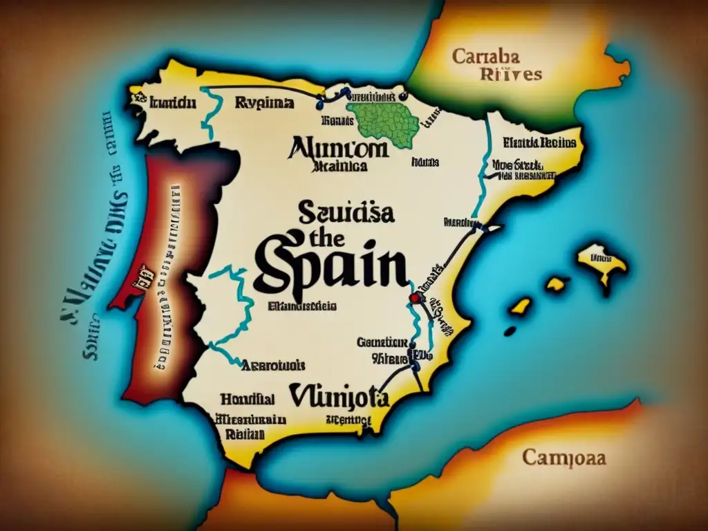 Detallado mapa antiguo de España con origen del apellido Hinojosa, castillos medievales y ríos serpenteantes en sepia