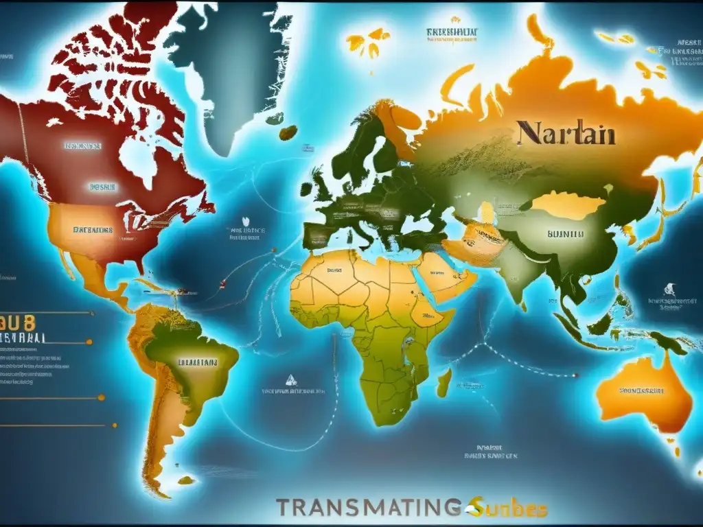 Un detallado mapa sepia que muestra rutas migratorias históricas y evolución de apellidos