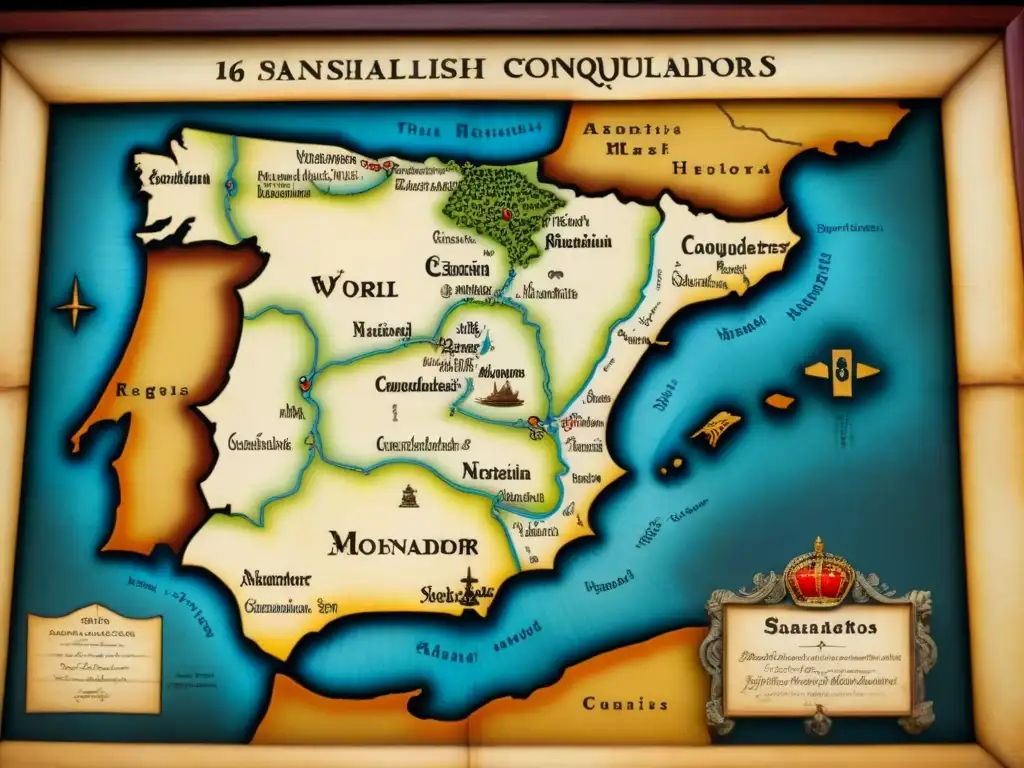 Detallado mapa del siglo XVI con rutas de conquistadores españoles en el Nuevo Mundo, evocando historia apellidos conquistadores descendientes