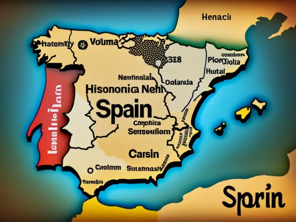 Detallado mapa vintage de España mostrando la expansión histórica de apellidos españoles antiguos en intrincada caligrafía