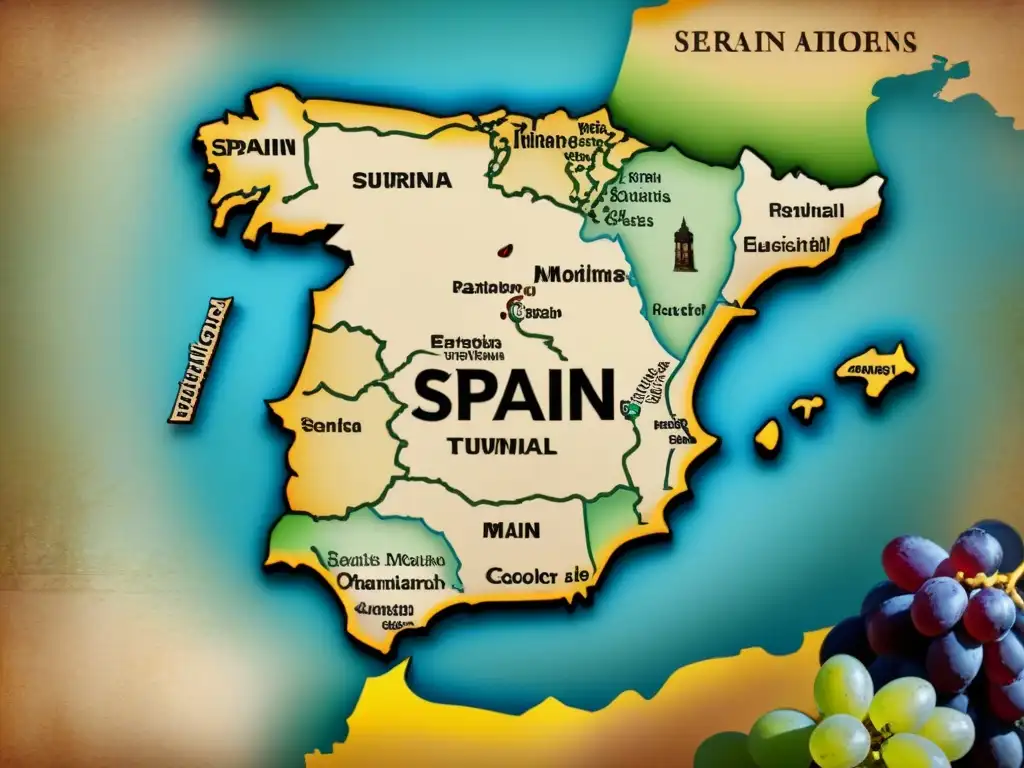 Un detallado mapa vintage de España con apellidos destacados que comienzan con la letra 'M', en elegante caligrafía