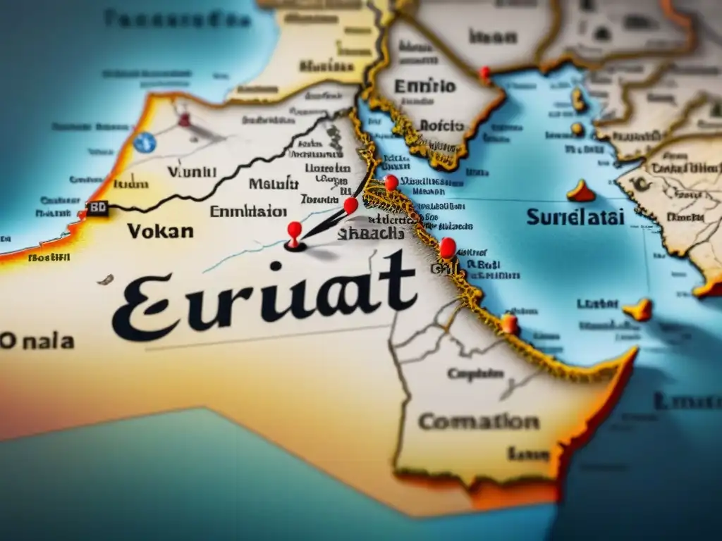 Un detallado mapa vintage en 8k que muestra la evolución histórica de los apellidos emiratíes, con caligrafía intrincada y colores desgastados para evocar un sentido de herencia antigua y relevancia moderna