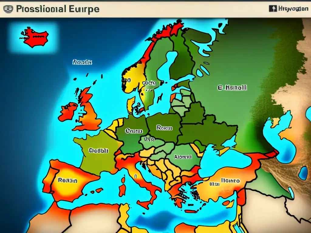 Detallado mapa vintage de Europa con evolución de apellidos europeos desde la Edad Media