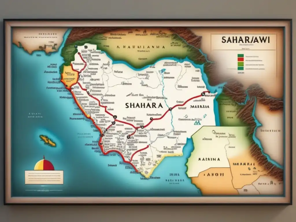 Detallado mapa vintage con la evolución de apellidos saharauis a lo largo de los siglos, destacando origen y significado