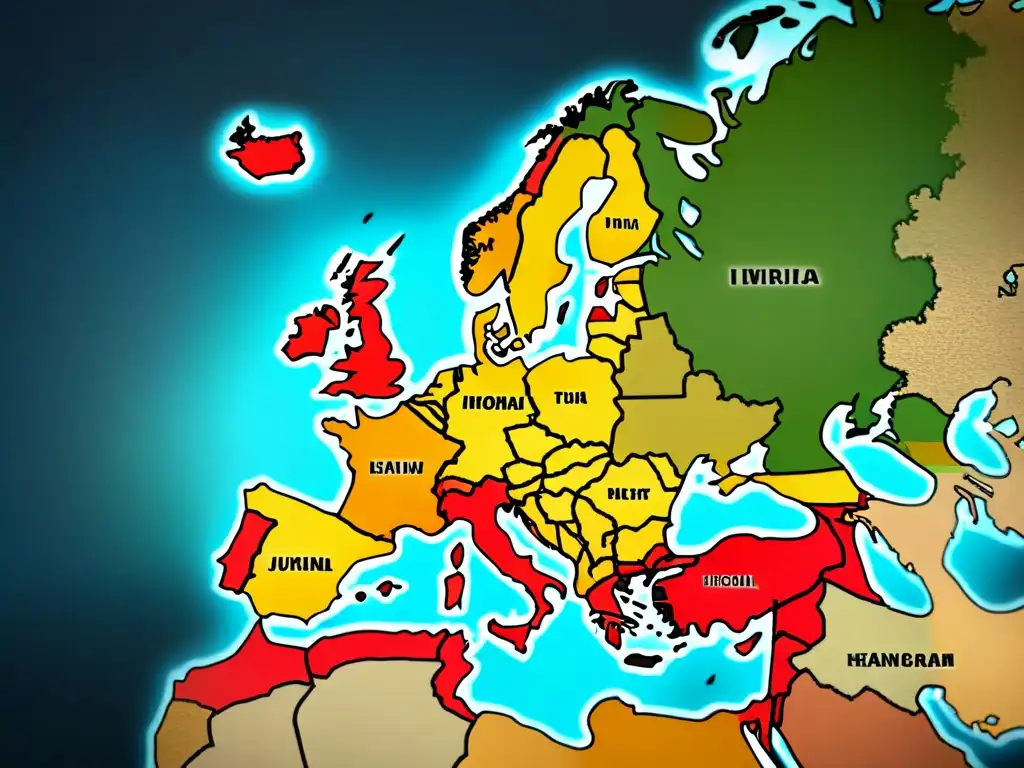 Detallado mapa vintage de Europa con la evolución de apellidos europeos desaparecidos