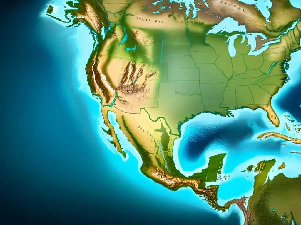 Detallado mapa vintage de asentamientos ingleses en América del Norte, destacando migraciones y pueblos costeros