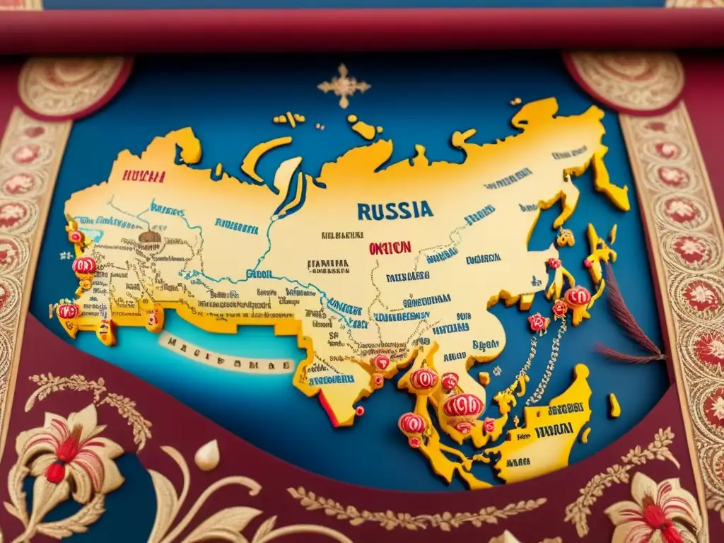 Un detallado mapa vintage de Rusia con caligrafía ornamental y símbolos tradicionales, en una rica paleta de colores