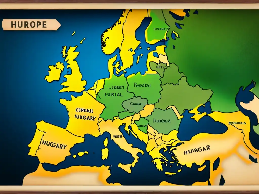 Un detallado mapa vintage de Europa Central con apellidos húngaros, evocando historia y profundidad académica