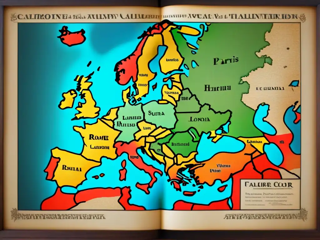 Detallado mapa vintage de Europa medieval con ciudades como París, Londres, Roma y Barcelona resaltadas, acompañado de texto caligráfico que muestra la evolución de apellidos y su relación con centros urbanos específicos