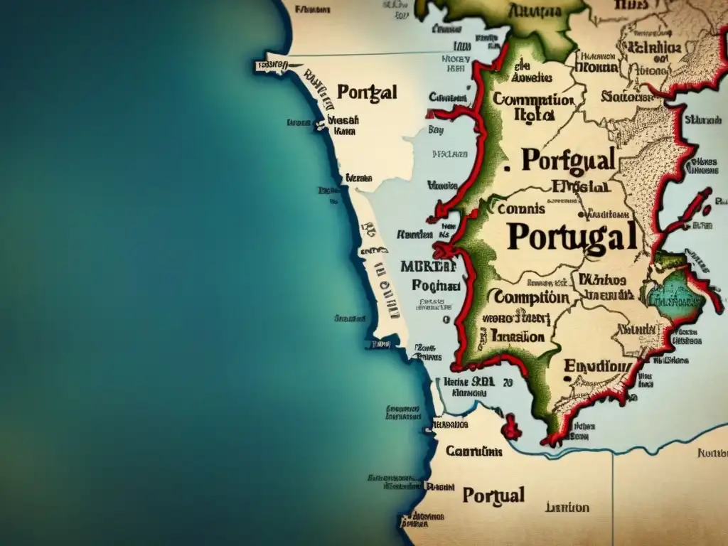 Un detallado mapa vintage de Portugal con costa, rutas y monumentos históricos