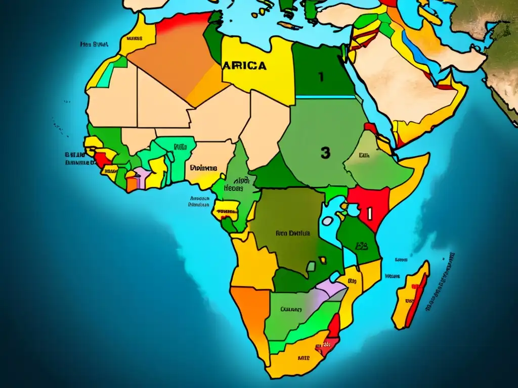 Detallado mapa vintage de África con la distribución de apellidos postconflicto, reconstruyendo historias familiares en el continente