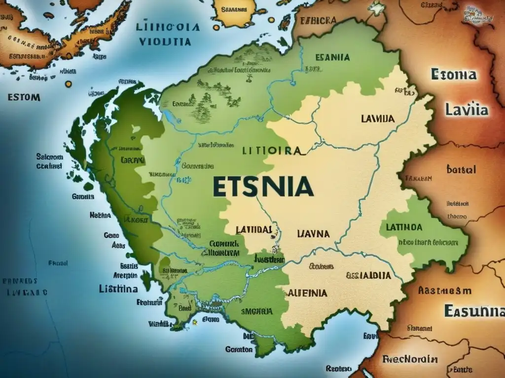 Detallado mapa vintage de Estonia, Letonia y Lituania con elementos cartográficos, tonos sepia y caligrafía