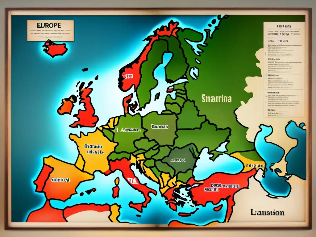 Detallado mapa vintage de Europa con fronteras, líneas costeras y nombres escritos a mano