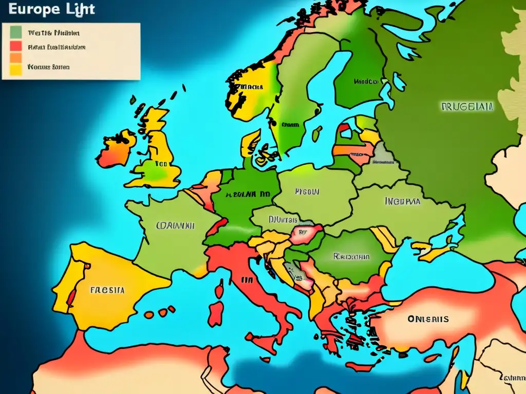 Detallado mapa vintage de Europa con la distribución geográfica de apellidos británicos comunes, caligrafía y paleta de colores envejecida