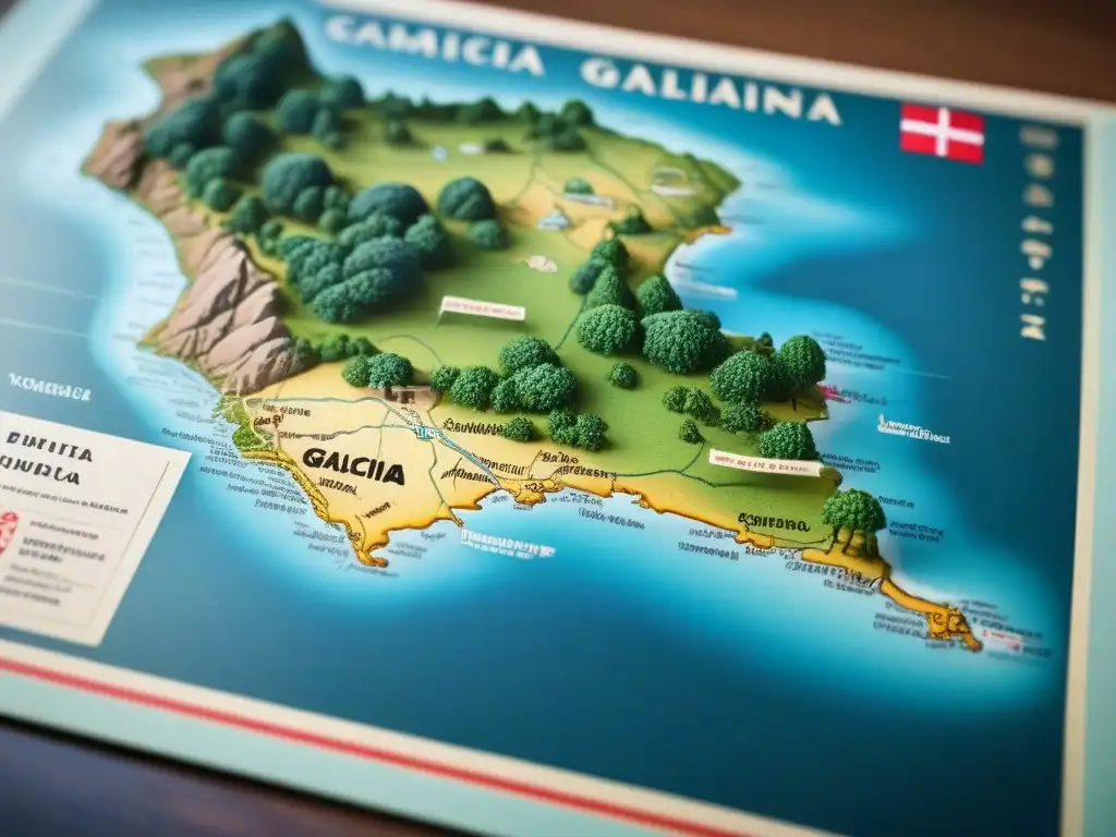 Un detallado mapa vintage de Galicia con la historia del apellido Eiras, resaltando la costa, paisajes verdes y pueblos pintorescos