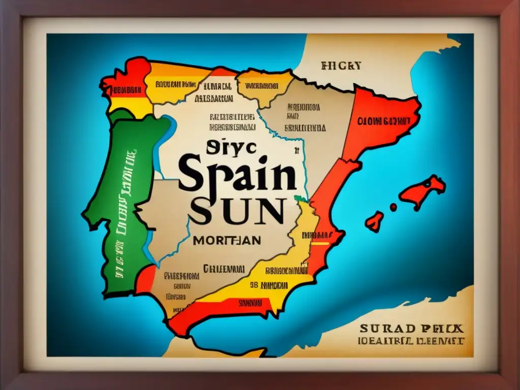 Detallado mapa vintage de España con historia de apellidos regiones origen M en caligrafía y símbolos tradicionales