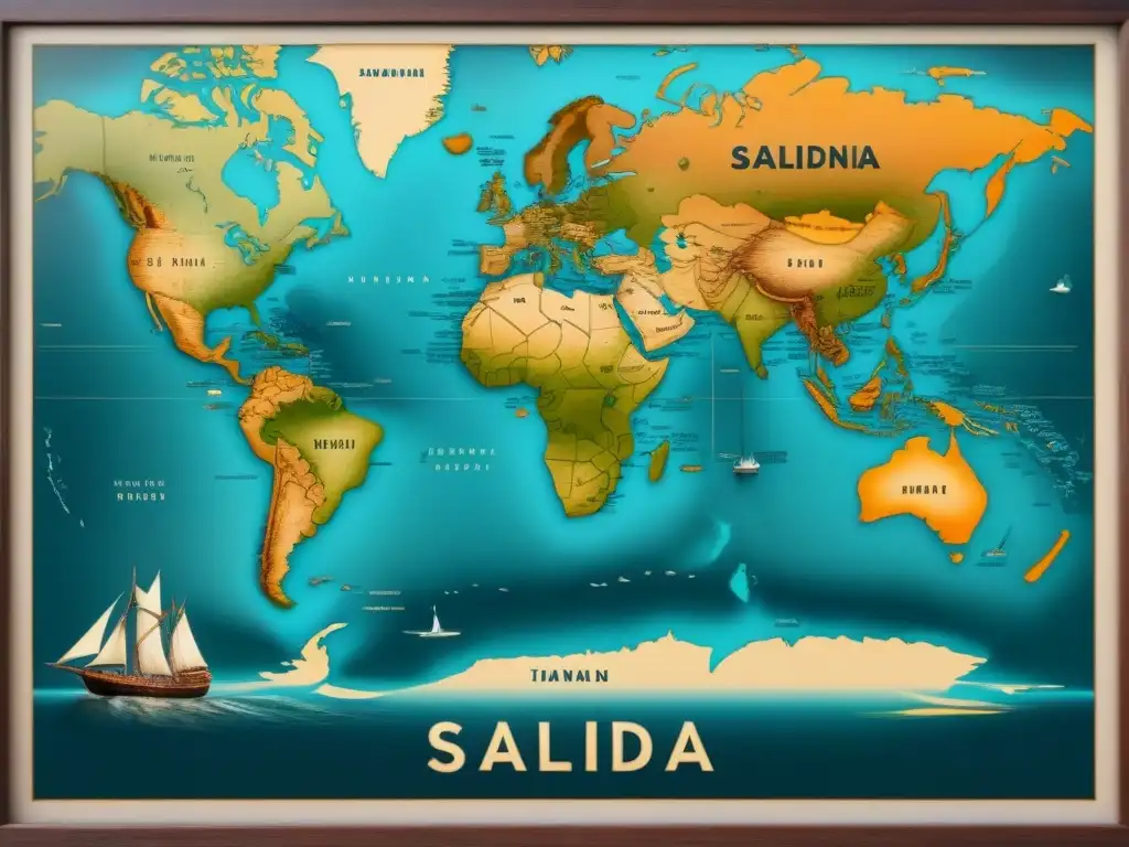 Detallado mapa vintage mostrando la historia del apellido Saldana con rutas migratorias y barcos antiguos navegando