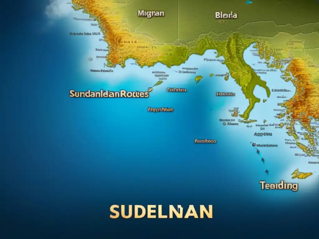 Detallado mapa vintage de la historia del apellido Sunderland globalizado con rutas migratorias y ubicaciones clave destacadas