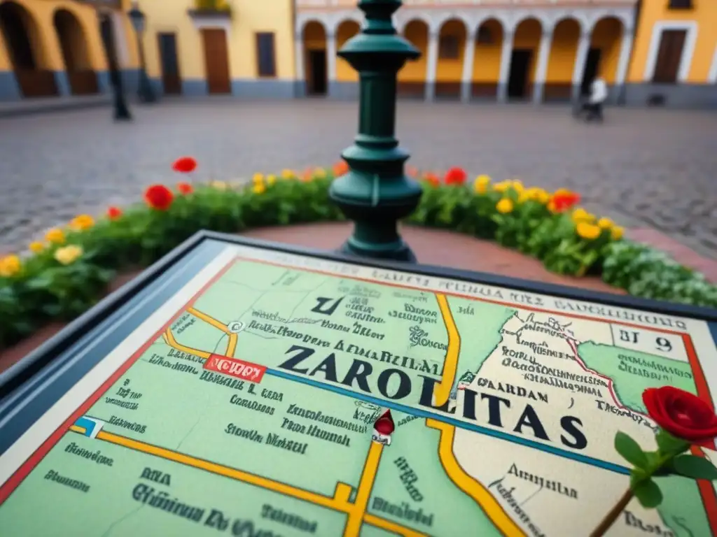 Detallado mapa vintage de la plaza histórica de Zarate, con calles empedradas, farolas ornamentadas y una fuente central