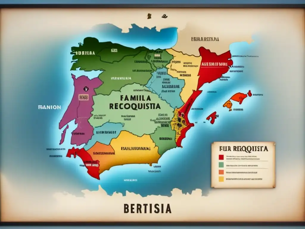 Detallado mapa vintage de la Península Ibérica ilustrando la Reconquista, con colores desgastados y elementos cartográficos ornamentales