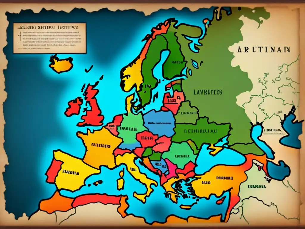 Detallado mapa vintage de Europa con ilustraciones de árboles genealógicos y símbolos heráldicos, ideal para genealogía linaje Europa mejores sitios