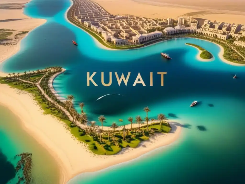 Detallado mapa vintage de Kuwait con historia de apellidos Pérsicos en caligrafía árabe, rodeado de arquitectura tradicional y paisajes desérticos