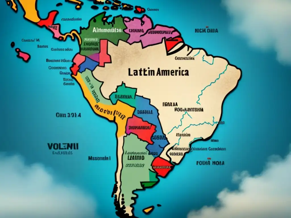 Detallado mapa vintage de América Latina con fronteras, colores desgastados y textura envejecida