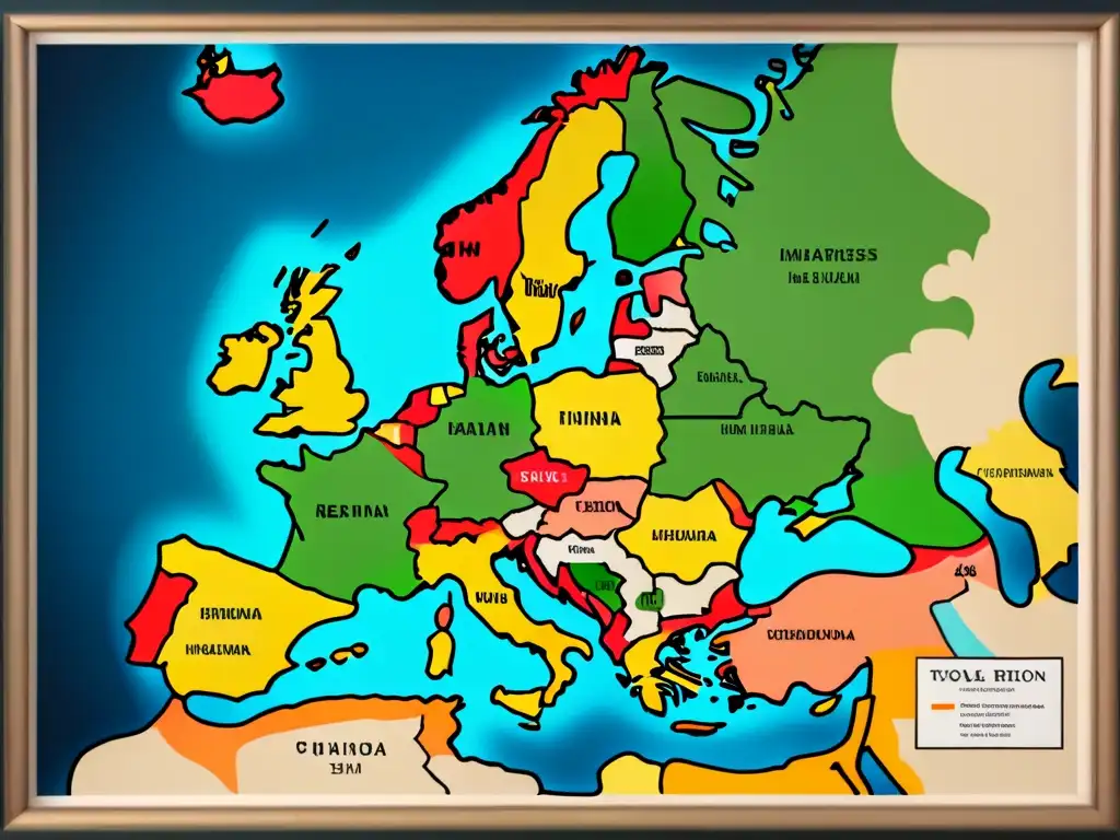 Detallado mapa vintage de Europa con matrimonios reales y distribución de apellidos