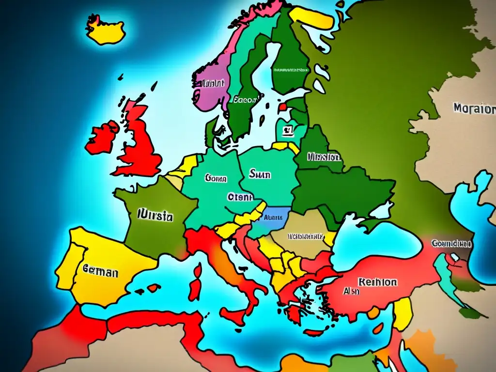 Un detallado mapa vintage de Europa muestra la migración de apellidos alemanes, resaltando su significado en el continente