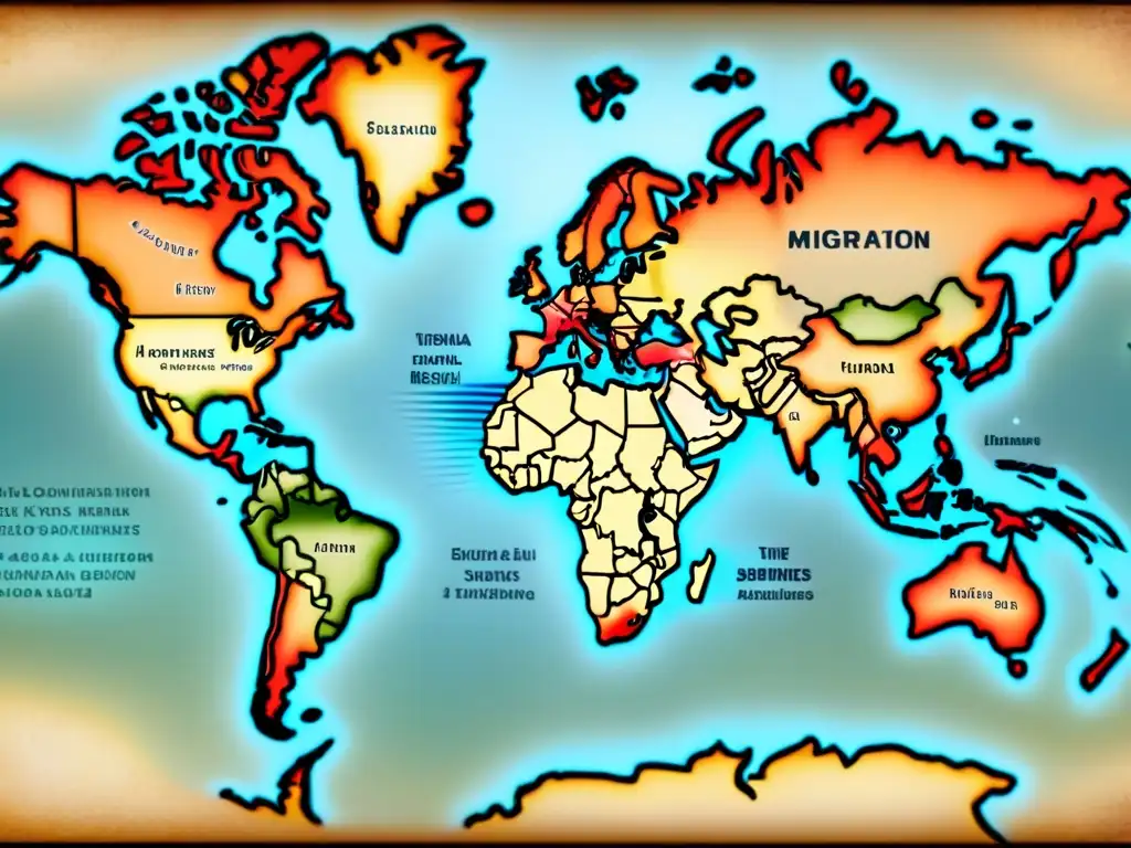 Detallado mapa vintage de migraciones por epidemias, con ilustraciones de apellidos ancestrales y rutas familiares