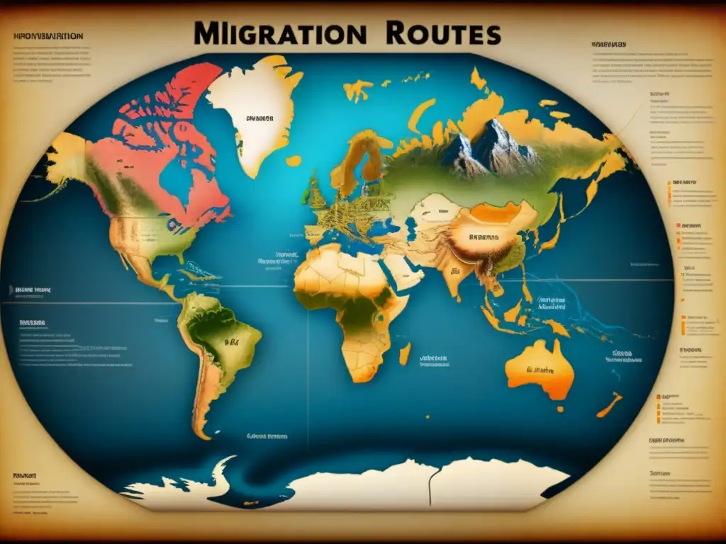 Detallado mapa vintage de la evolución migratoria de apellidos a lo largo de la historia con ilustraciones culturales