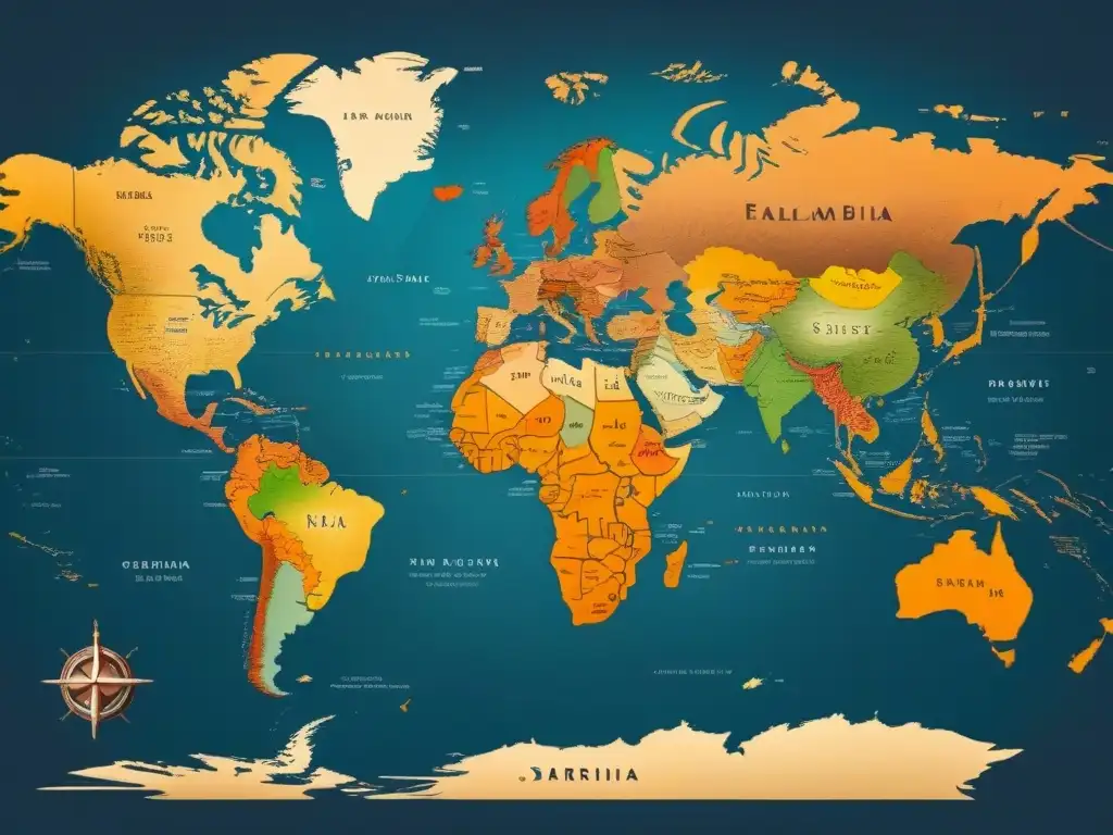 Detallado mapa vintage del mundo con fronteras e nombres de países en caligrafía elegante