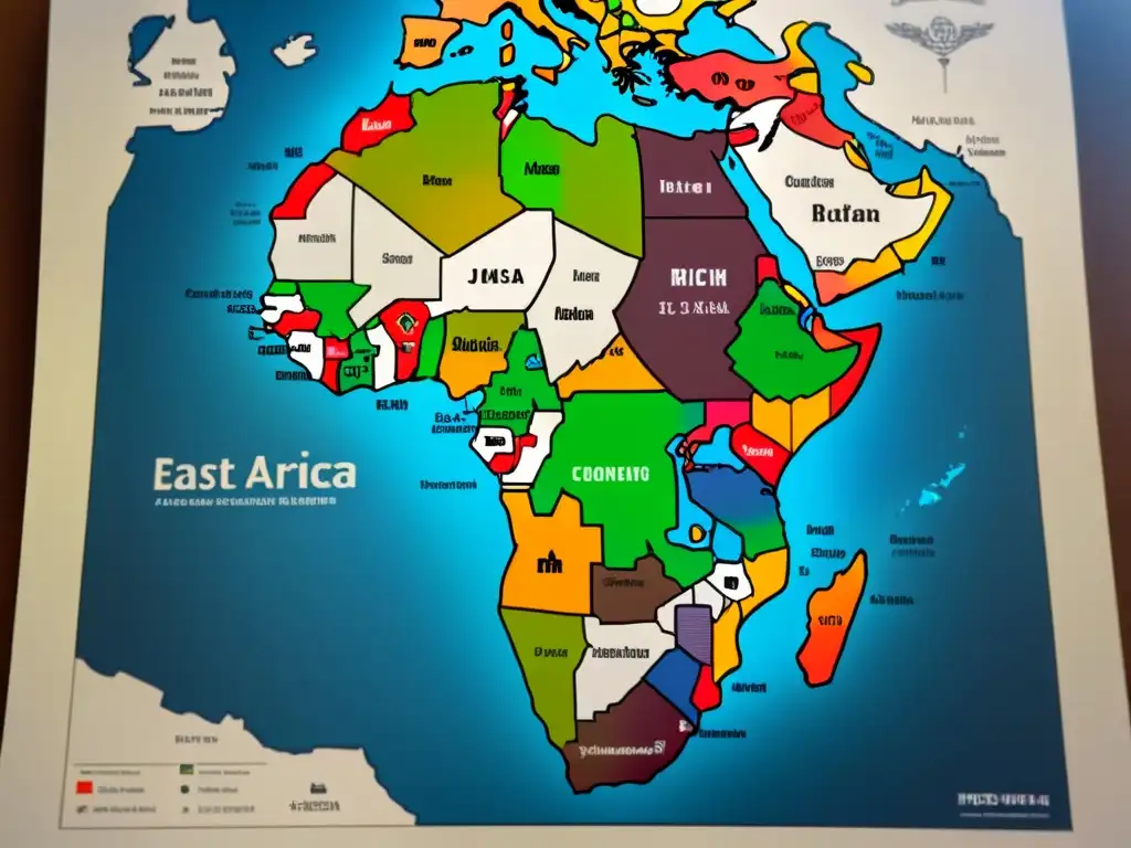 Un detallado mapa vintage de África Oriental con símbolos tribales y patrones, representando la rica historia de apellidos en la región