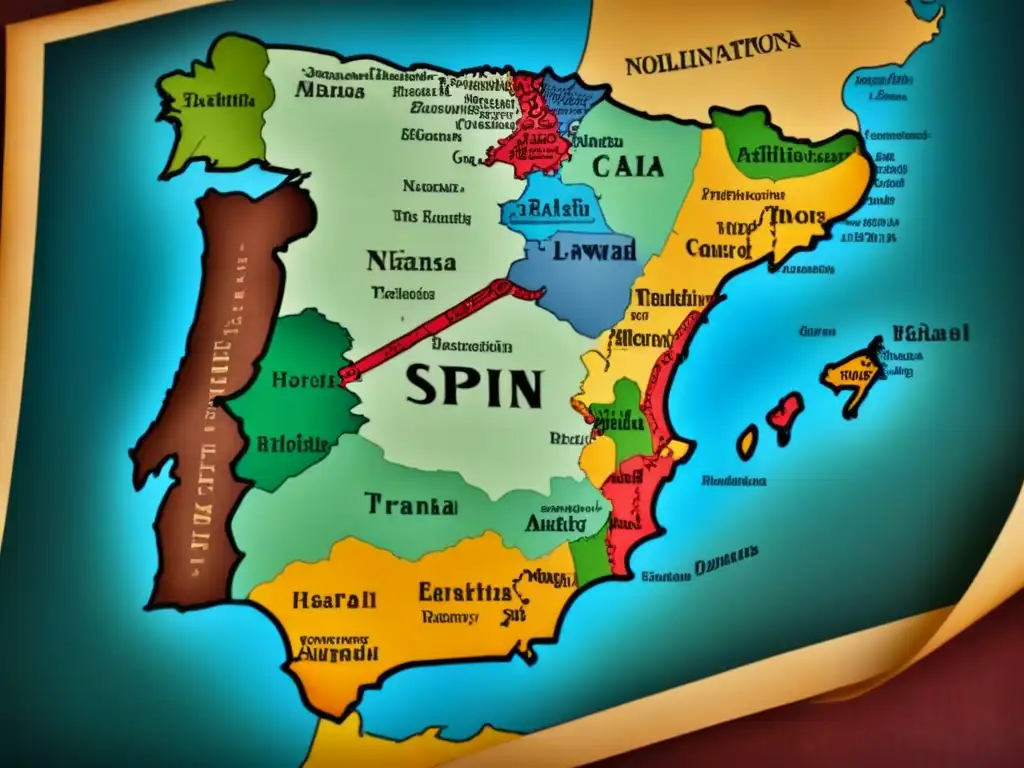 Detallado mapa vintage de España con Origen geográfico apellidos con G, desgastado y en tonos antiguos