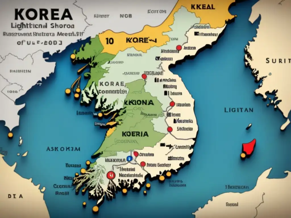 Detallado mapa vintage de Corea con orígenes de apellidos coreanos con K, caligrafía e historia