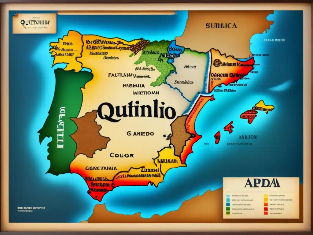 Un detallado mapa vintage de España con los orígenes de los apellidos Quintanilla, Quevedo y Quirino, ilustraciones históricas y caligrafía