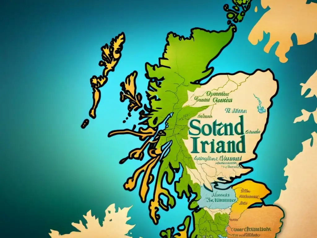 Detallado mapa vintage de Escocia e Irlanda con orígenes apellidos escoceses e irlandeses en caligrafía