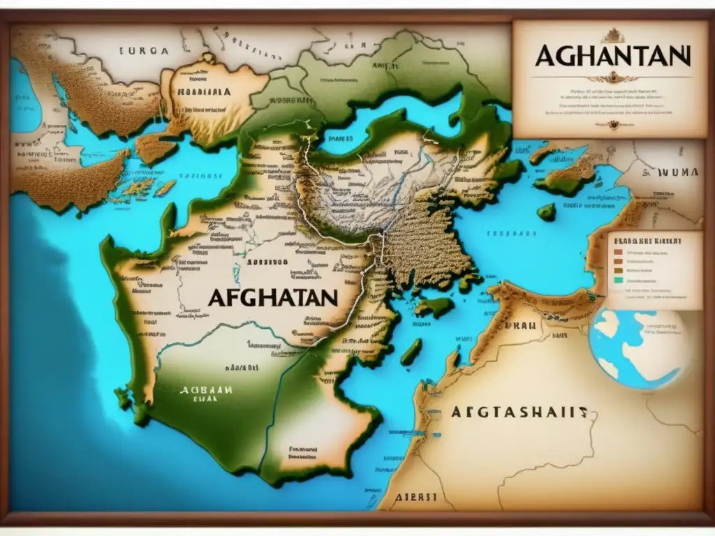 Detallado mapa vintage de Afganistán con orígenes de apellidos afganos entre símbolos culturales e históricos