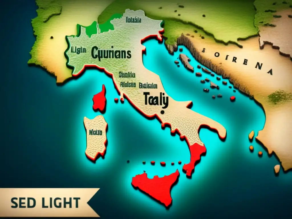 Detallado mapa vintage de Italia con los orígenes de apellidos italianos: caligrafía detallada y colores desgastados