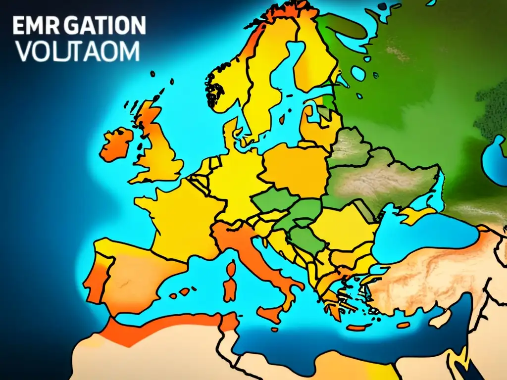 Un detallado mapa vintage de Europa muestra patrones migratorios y orígenes de apellidos, resaltando regiones ancestrales