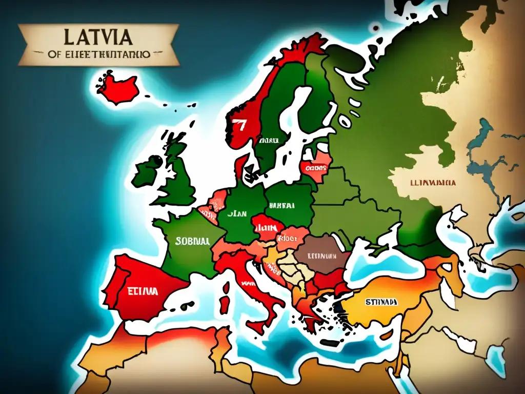 Detallado mapa vintage de Europa con regiones de Letonia, Lituania y Estonia