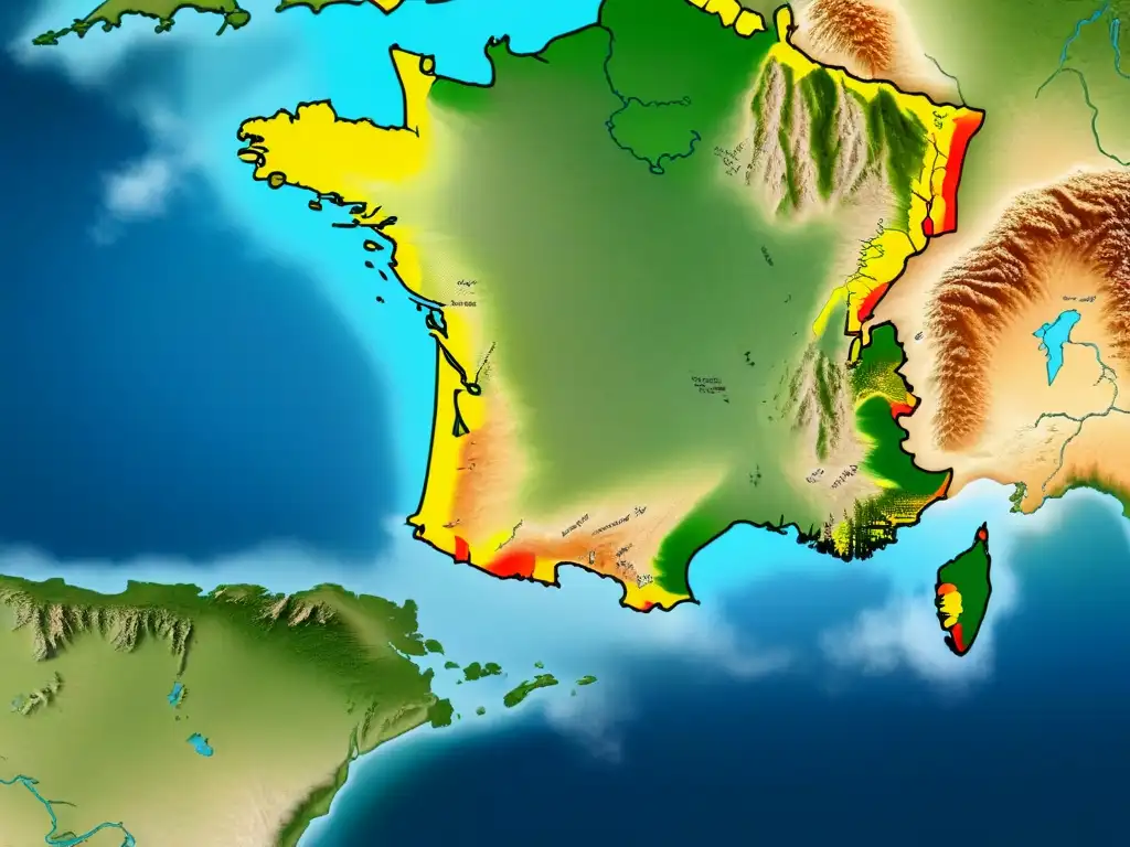 Detallado mapa vintage de Francia con regiones históricas y territorios de origen del apellido Faure, ilustraciones elegantes