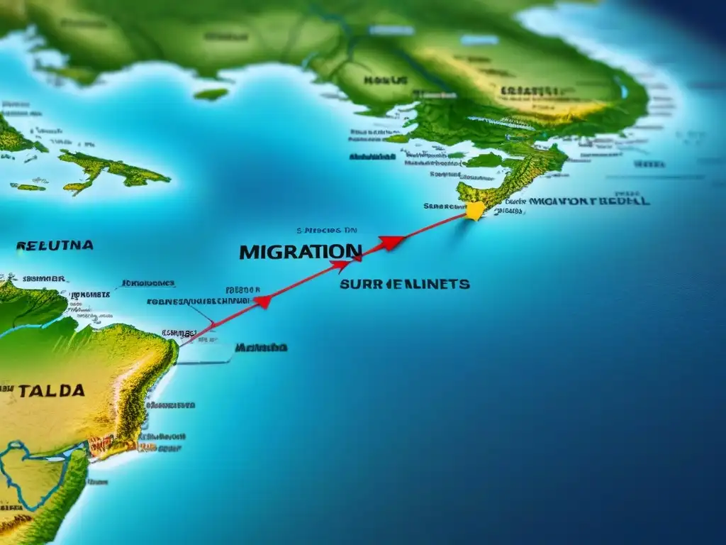 Un detallado mapa vintage muestra rutas de migración de apellidos con 'M', evocando historia y conexiones genealógicas