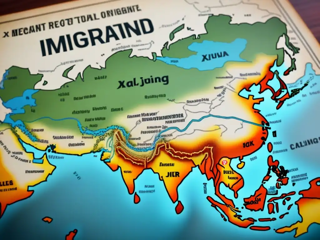 Detallado mapa vintage de rutas migratorias de Xinjiang a Xalapa, con puntos de origen para apellidos con X