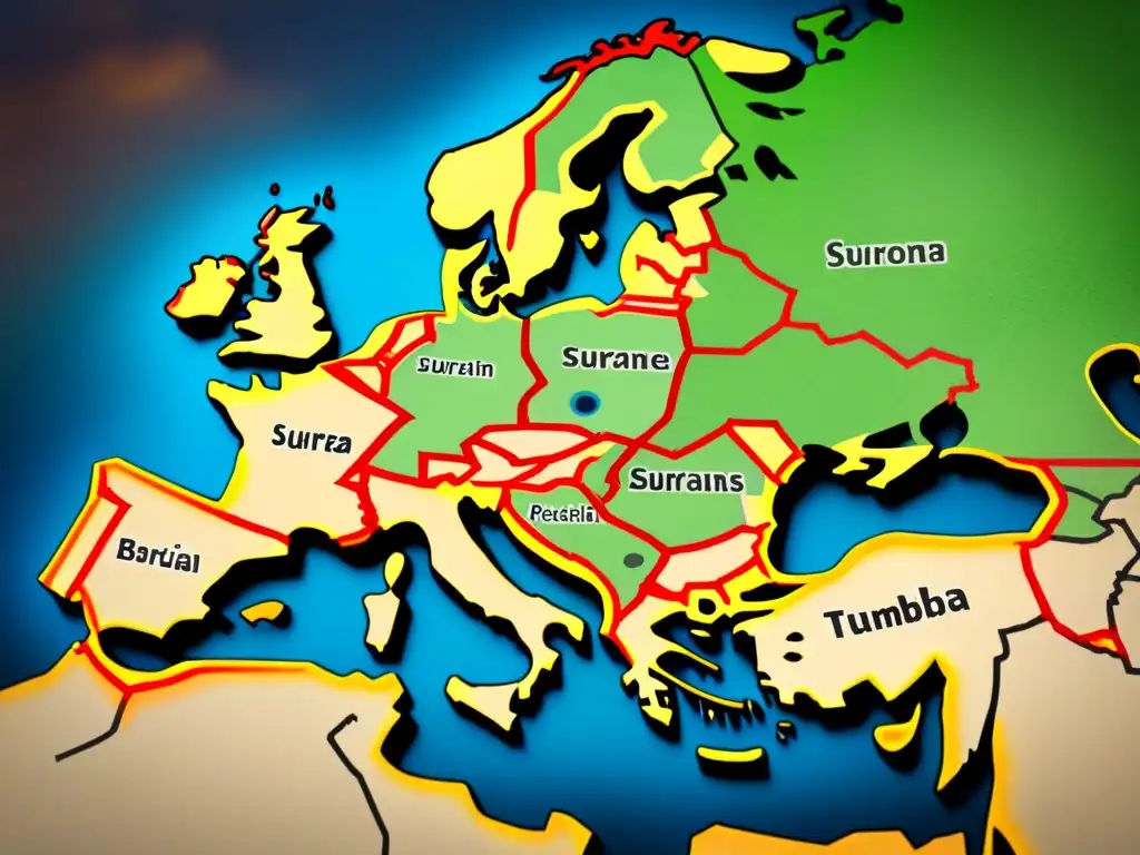 Detallado mapa vintage de Europa medieval con rutas migratorias y escudos de familias representando orígenes de apellidos en la Edad Media