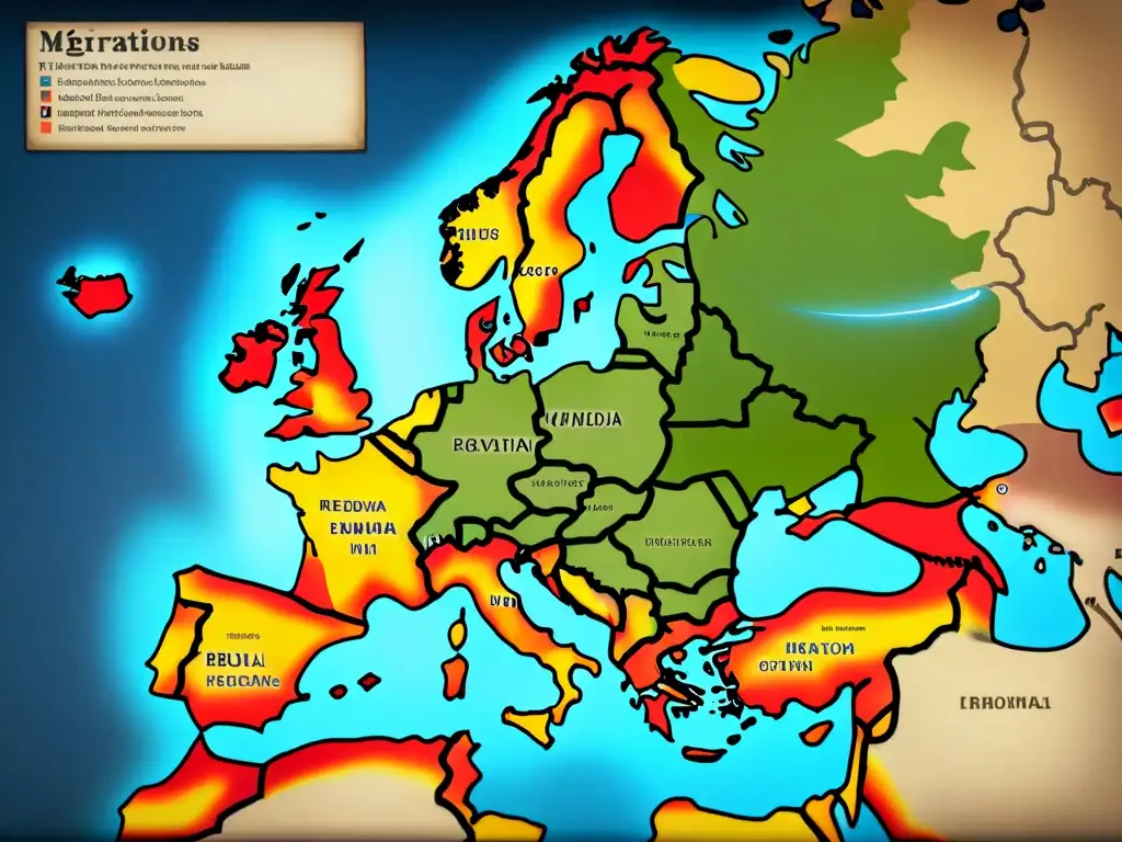 Detallado mapa vintage de Europa medieval con rutas migratorias forzadas, evocando historia y scholarly appeal