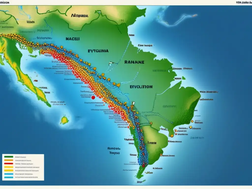 Detallado mapa vintage de rutas migratorias de antiguas poblaciones con marcadores genéticos y apellidos familiares, destacando evolución ancestral