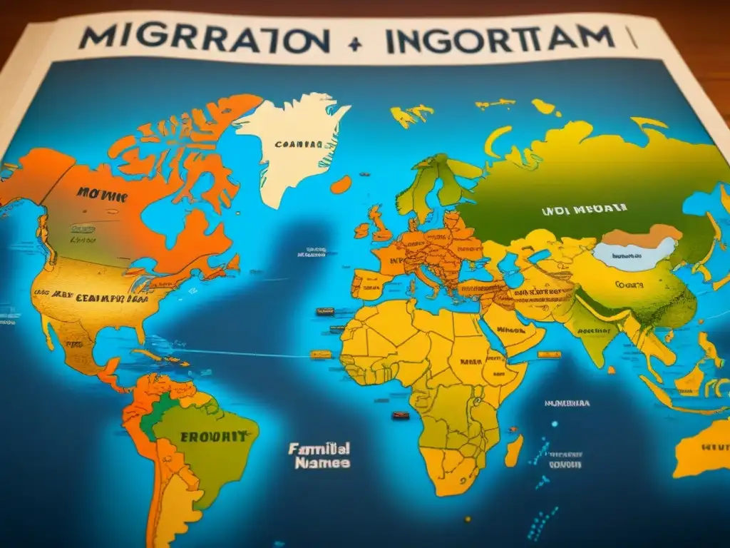 Detallado mapa vintage de rutas migratorias con ilustraciones familiares, resaltando el impacto cultural de los apellidos en la historia