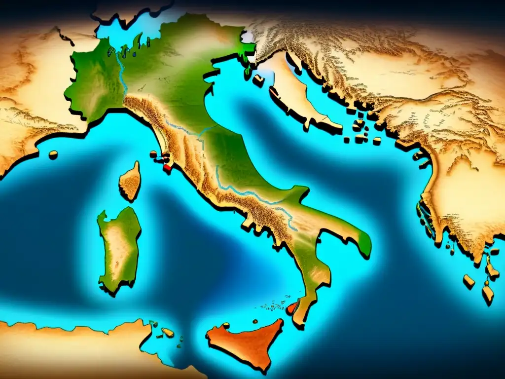 Detallado mapa vintage de Italia con rutas migratorias, apellidos y escudos familiares