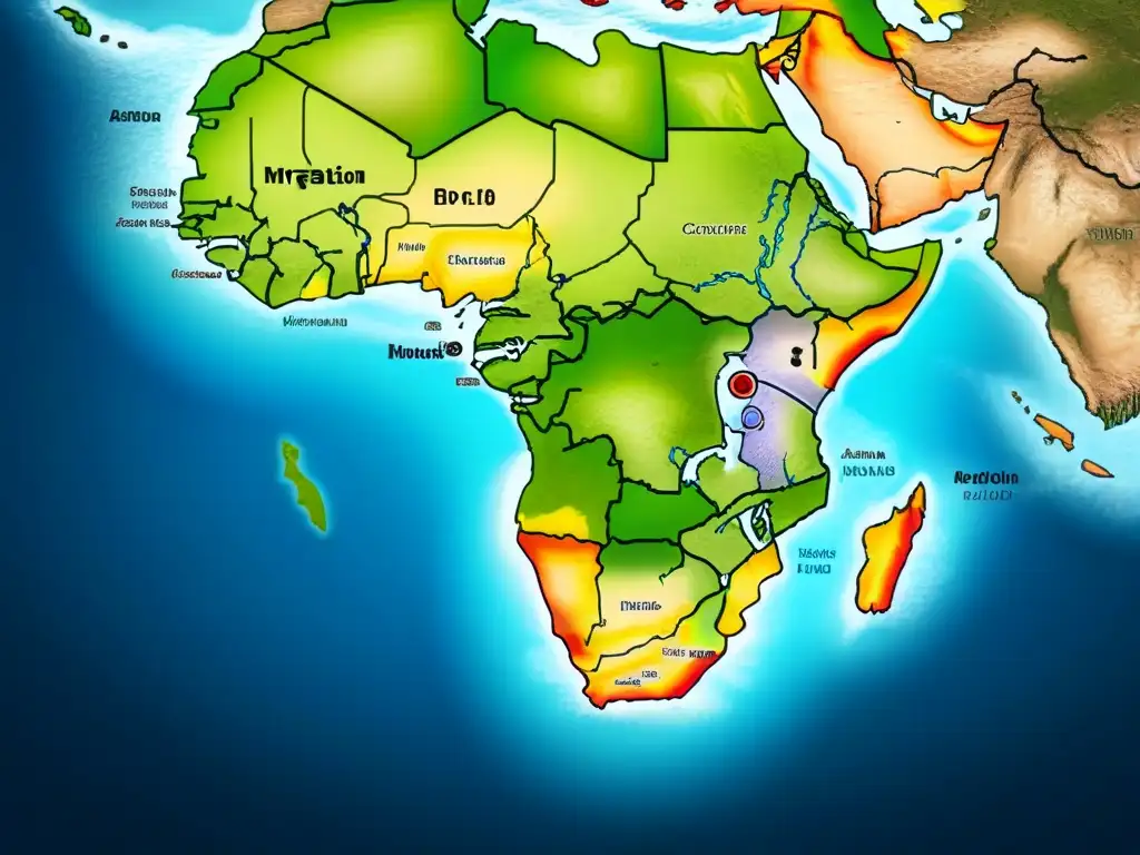 Un detallado mapa vintage que muestra las rutas de migración de apellidos afroárabes, con símbolos culturales